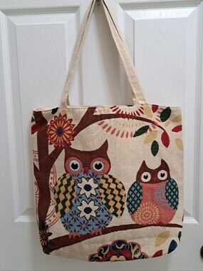 Cute Colorful Owl Print Tote Bag Zip Top Fully Lined Large Canvas Shoulder Purse